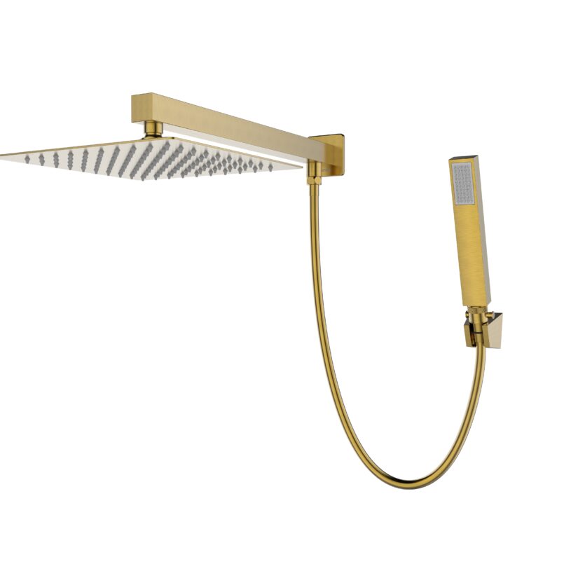 Chuveiro de Parede Quadrado com desviador Slim 20×20 Gold Dourado Escovado